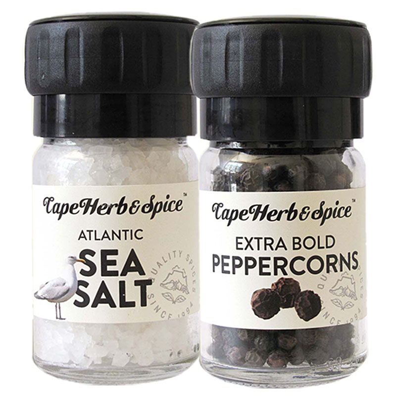 Cape Herb & Spice Mini Grinder Twin Set Atlantic Sea Salt & Peppercorns 110g