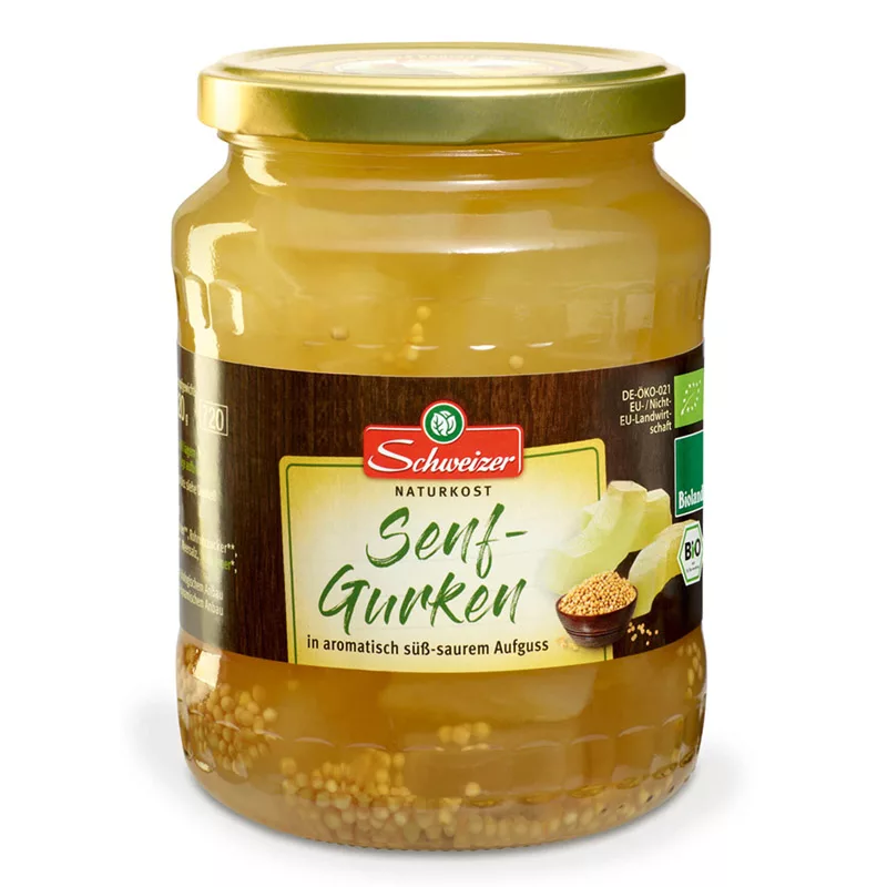 Schweizer Peeled Cucumbers Chunks with Mustard Seeds Sweet and Sour 670g